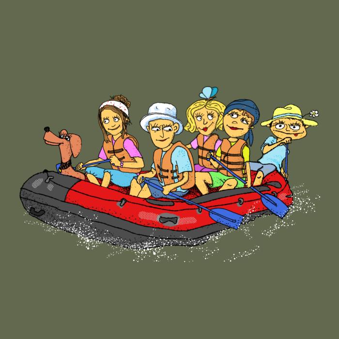 Tričko pro vodáky - parta na velkém raftu - ručně kreslené, dámské, bavlněné, khaki