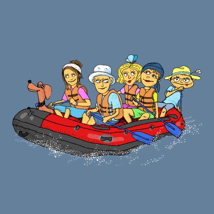 Tričko pro vodáky - parta na velkém raftu - ručně kreslené, dámské, bavlněné, denim