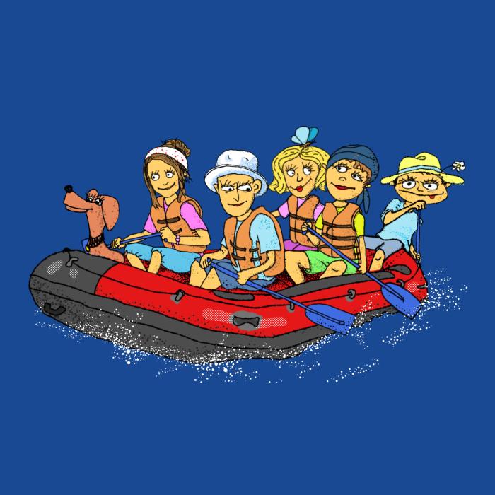 Tričko pro vodáky - parta na velkém raftu - ručně kreslené, dámské, bavlněné, královsky modré