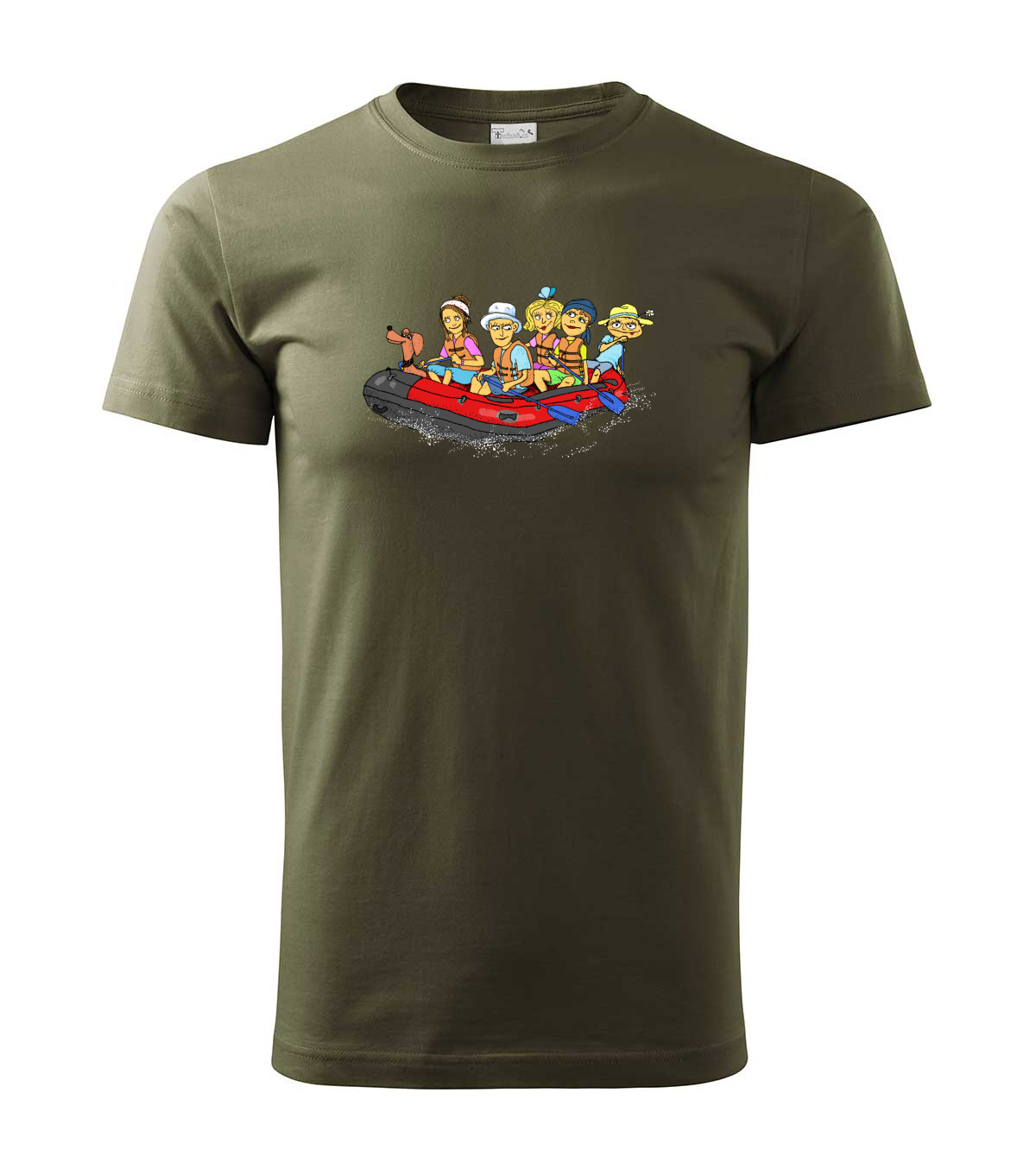 Tričko pro vodáky - parta na velkém raftu - ručně kreslené, pánské, bavlněné, military