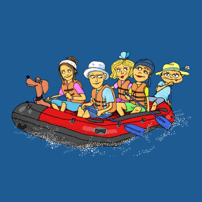 Tričko pro vodáky - parta na velkém raftu - ručně kreslené, dámské, bavlněné, azurově modré